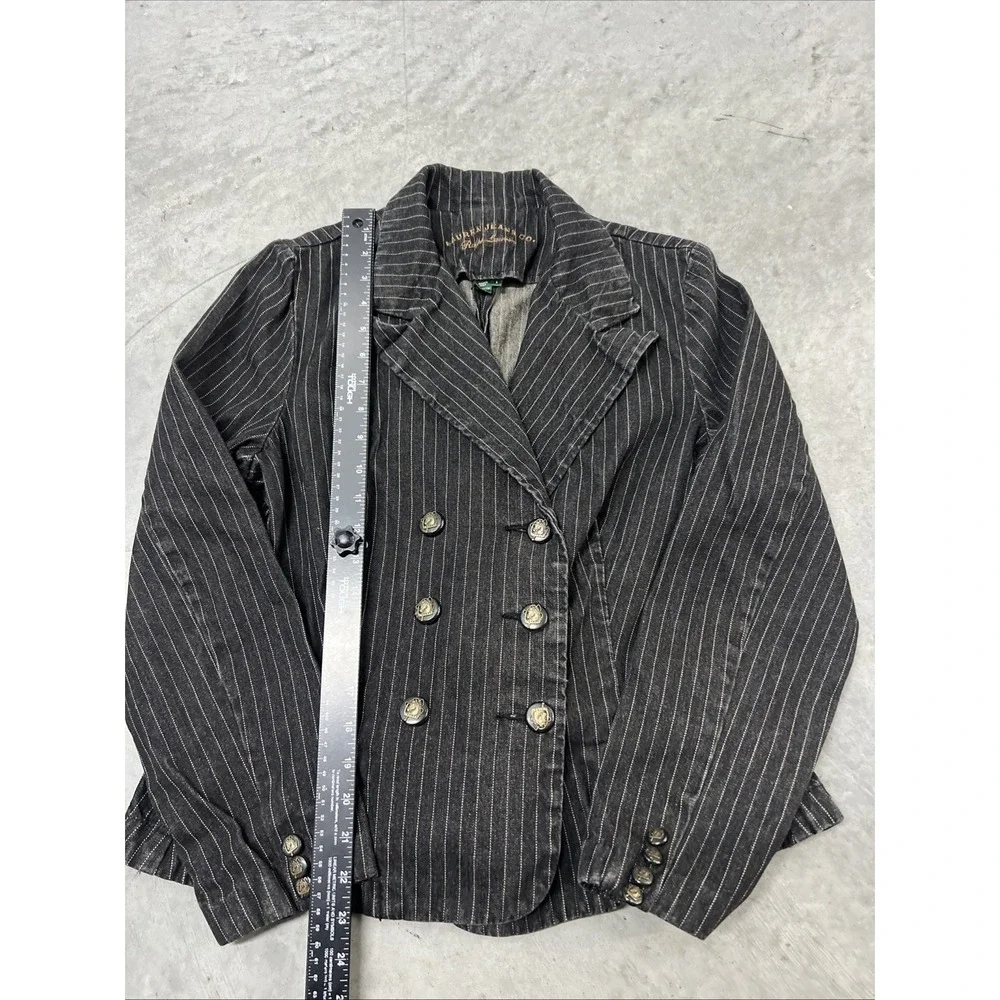 VTG Ralph Lauren Jacket Wmns L 90s Black Pinstripe Denim Double Breasted Blazer - Picture 2 of 6